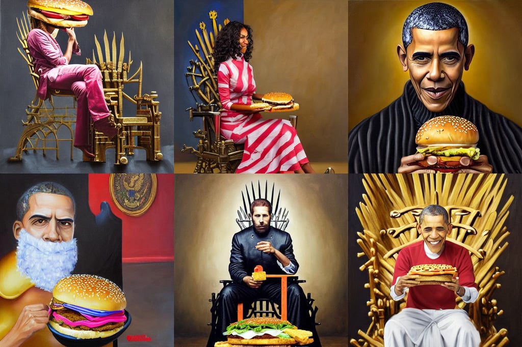 intricate oil painting of barrack obama eating a cheese burger sitting on the iron throne, Maxim Verehin, makeup, long pink hair, aqueducts, best practice, luxurious onsens, hasselblad