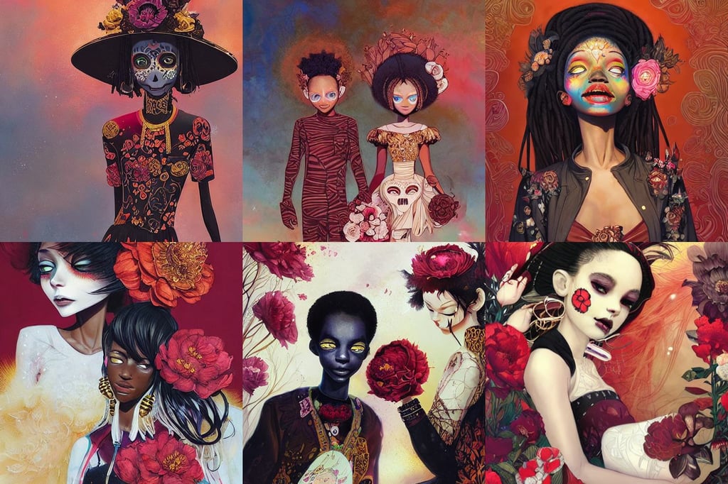 black kids mixing with  together in a cloudy red abstract background, parted light brown hair, art by Anna Dittmann and android jones, in the style of Ilya Kuvshinov and Range Murata, wedding wearing boho sunhat with peonies, ornate white officers outfit with gold embellishments, by paul bellaart. ( el dia los muertos ), holding a snowboard, style of studio ghibli, wide angle scifi landscape, battlefield 3, vibrant moody colors, butterfly wings, slim