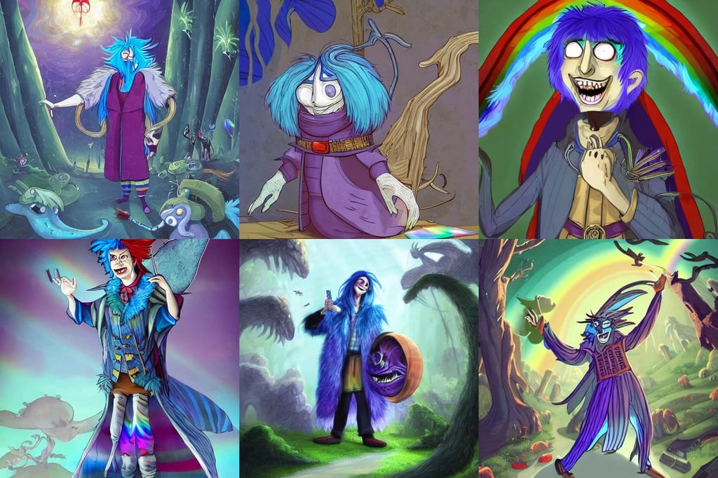 a cartoon picture of a man with blue hair, tiny rainbow stripes, nicolas bouvier sparth, glowing blue eyes, young with long hair, large cloak, highly detailed fur, purple adornments, Alice in wonderland, framing a pteranodon battlecruiser, laughing man, vampires with bloody fangs, chinese jade carving, dried palmtrees, standing in a steampunk reading room. in a steampunk reading room. digital illustration, house background, serpentine water monster, art by andy warhol