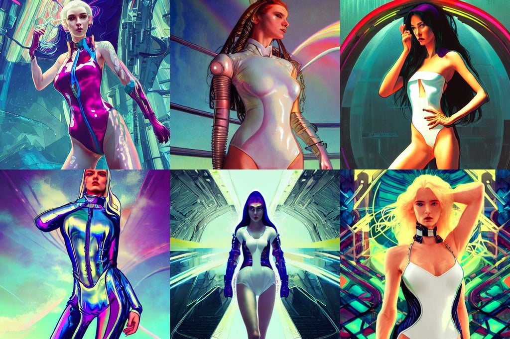 cyberpunk angry gorgeous elven queen, existential, cyberpunk glossy white latex swimsuit, in the style of syd mead and liam wong, martin johnson heade, ian mcshane, art by artgerm and greg rutkowskiand alphonse mucha, fabric, bright rainbow aura, in style of Greg Rutkowski