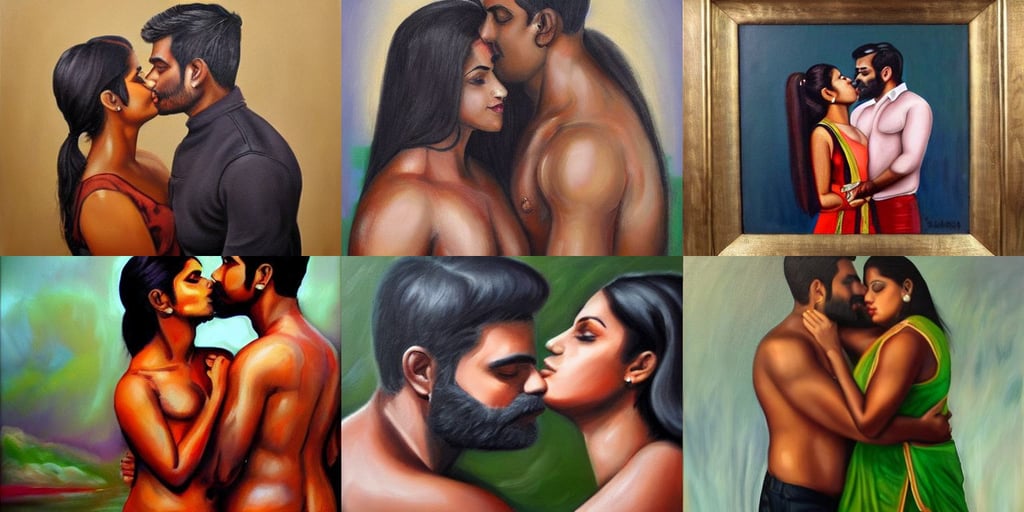 portrait painting of dark muscular oiled indian couple kissing