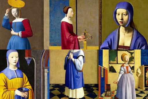 her name is Chie, fashion dress, sharp focus, art by Giotto Di Bondone, art by Piero Della Francesca, art by Johannes Vermeer, art by Giotto Di Bondone