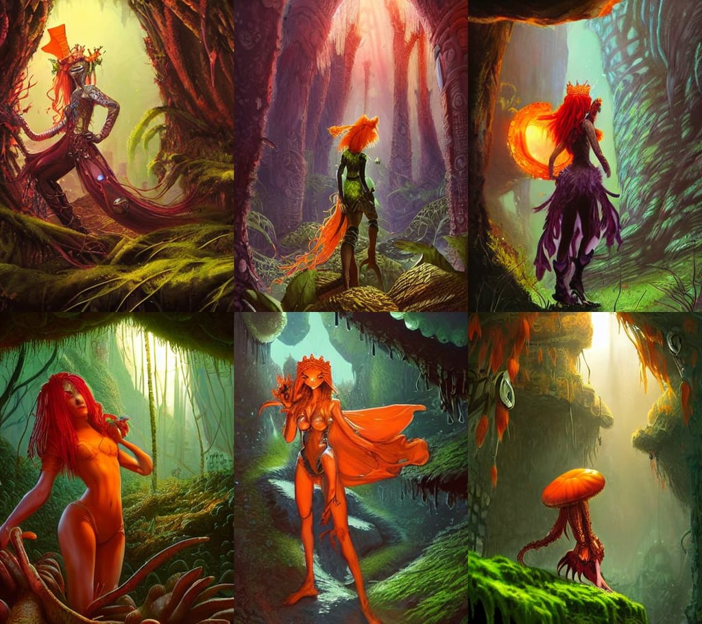 orange mushroom queen, cyberpunk dramatic light, year 5 0 0 0, redhead, concept art by jesper ejsing, detailed matte fantasy painting, overgrown with moss, spider cave, Aztec fantasy, land of oz, soft mayan queen devil madison beer, wearing nighty