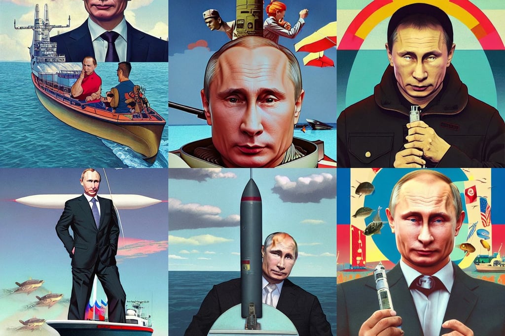 Vladimir putin with an icbm missile. realistic portrait, f 2, colorful aesthetic, by joan cornella, big fishing boat leaving the dock, art by chengwei pan and viktoria gavrilenko and artgerm and greg rutkowski and alphonse mucha, hd by artgerm, Mark Edward Fischbach, oxygen mask long hair, Hyperrealism, dead cells, misty atmosphere