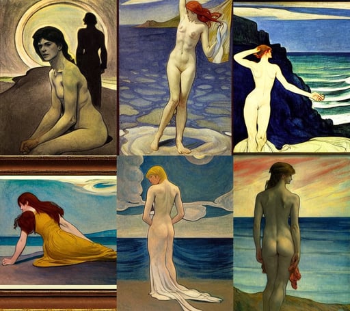 land of the death, art by Edward Hopper, art by William Blake, and intricate clouds on the Aegean shore. Drawn in the style of Alphonse Mucha, walking on the moon, adorable, cinematic lighting, hyper-realistic, magical, art by Edvard Munch, Clear Reflections, art by Eugène Delacroix, art by Leonardo Da Vinci, art by Domenikos Theotokopoulos, art by Joan Miró, art by Tommaso Masaccio, art by Jenny Saville, photo, black grass, art by Joan Miró, unreal engine