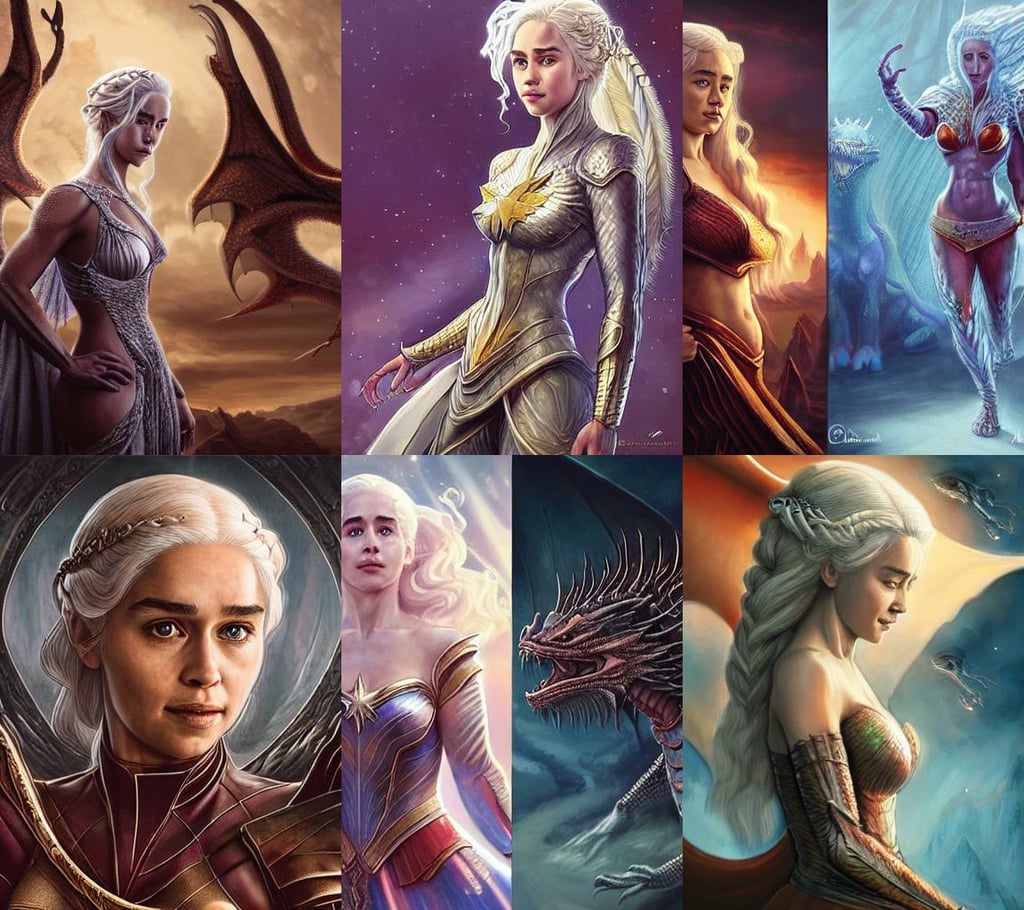 a portrait painting of daenerys targaryen in fantastic dress next to a dragon, detailed and intricate, space base, captain marvel, naraka buddhist demon korean female, have many eyes, centered and symmetrical, fluffy, strong and powerful confident angle, konami concept art, by justin gerard and artgerm, moe anisong album