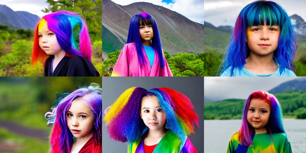 an intelligent young girl with rainbow hair looking at the camera, mountains in the background, perfect eyes, fluent robes, betta fish