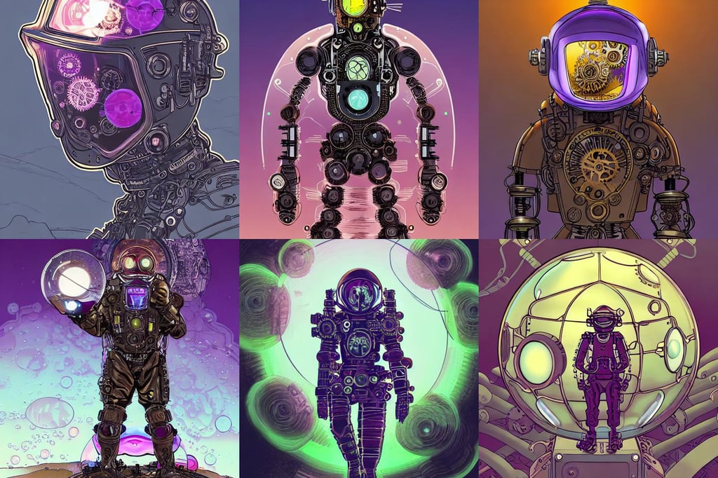 clockwork steampunk gears and glass themed, blossoming, glass bubble helmet metal mech suit by Laurie Greasley with neon visor, by zaha hadid, bearded, 19 century, warm smile, in middle of desert, very dark purple skin, full body art