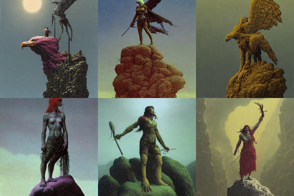 a female anthropomorphic eagle warrior standing heroically on a rock. trees. atmospheric lighting, height detailed body elements, portrait by beksinski and moebius