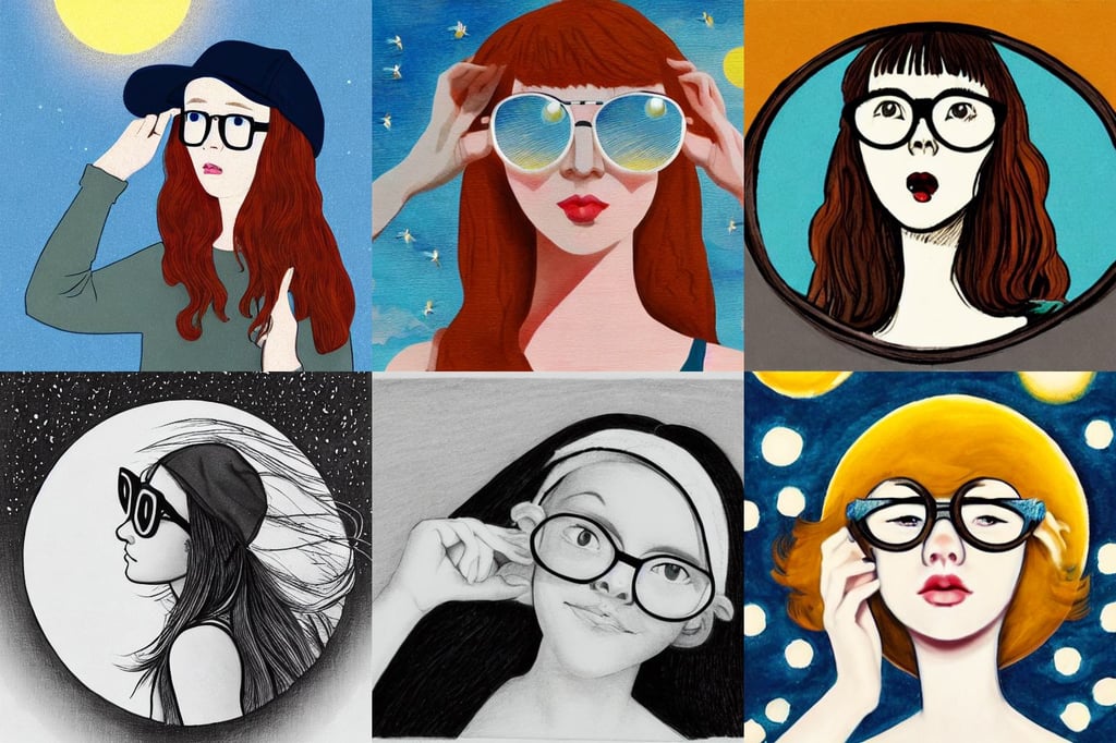 a young redhead girl with bangs and rounded glasses looking to the sky, ( ( ( wearing jeans ) ) ), high octane, reflection of the full moon in the mirror, bees, sumi - e style, wearing glasses and a backwards hat