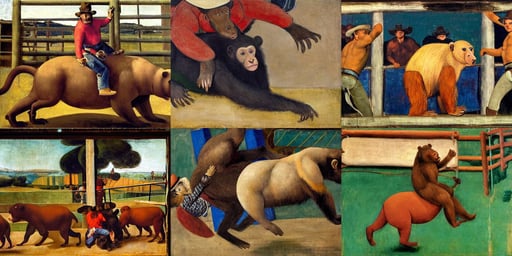 monkey bullriding at a rodeo, art by Mark Rothko, art by Michelangelo Merisi Da Caravaggio, forest, forest, beautiful, banner, concept art, art by Piero Della Francesca, art by Henri Matisse, A Bear Called Paddington