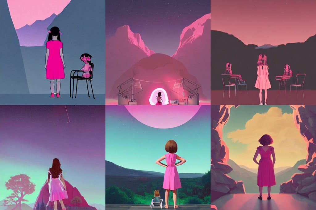 a girl in a pink dress holding a teddy bear, sci - fi illustration, night scene, mountain in the background, with chairs for everyone to sit around, in the style of Ilya Kuvshinov and Greg Rutkowski, asymmetrical Organic Painting, orthographic front view, Phoenix Phoenix Phoenix, neon hubs