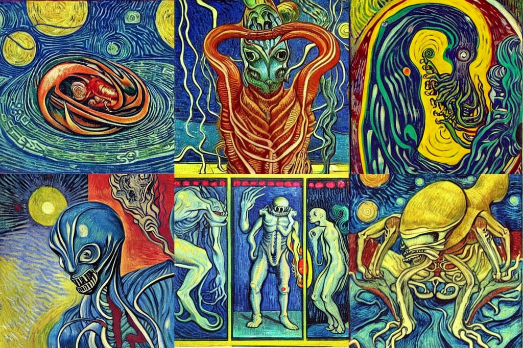 surreal magical Art Deco isometric cosmic ethereal glasshouse, creature xenomorph monster fetus, art by Tiziano Vecellio Di Gregorio, art by Piet Mondrian, art by Vincent Van Gogh