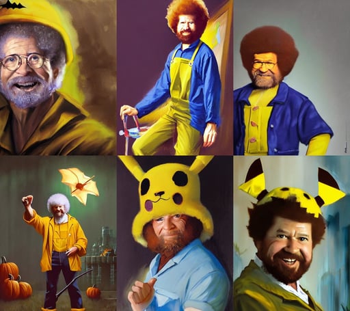 Greg Manchess portrait painting of Bob Ross wearing a Pikachu Halloween costume, by Audubon, PhotoDirector 365, neotokyo, cyberpunk sci - fi by greg rutkowski tamas medve masashi imagawa albert ramon puig xuteng pan, wearing a camisole, Bust, wearing dupont yellow chemical overalls, lavender, beautiful composition., cinematic lighting