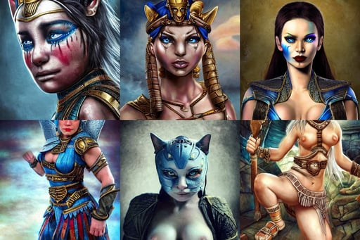 dwarfs fighting in vietnam, woman / cat hybrid, technology meets fantasy, egyptian clothing, hyper realistic texture, 30 years old women :: fantasy :: blue eyes, anatomically correct. sultry. sharp focus. color, complex and intricate