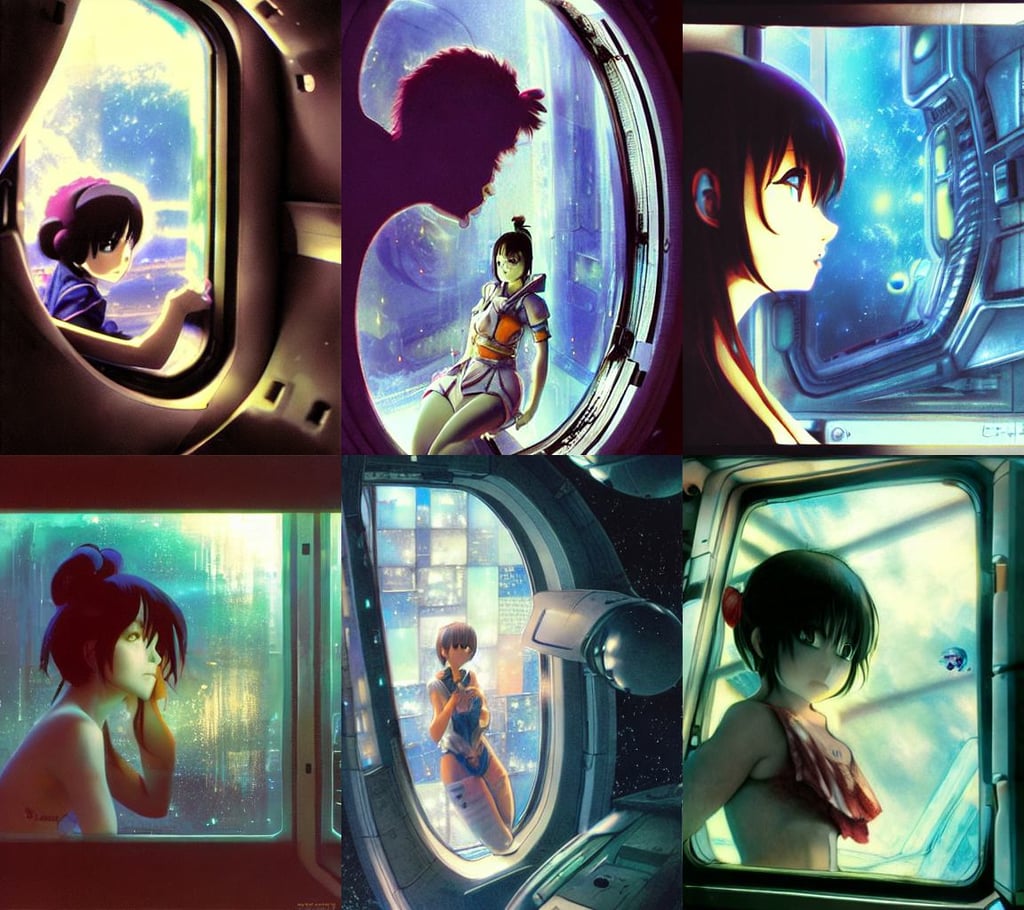 Anime girl looking through a window of a spaceship, matte painting by Craig mullins and Emmanuel_Shiu and john berkey, art by eiichiro oda, rodin