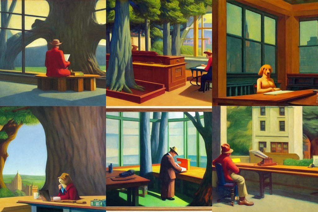 city inside a giant majestic tree, A Bear Called Paddington, art by Edward Hopper, sitting at a workbench