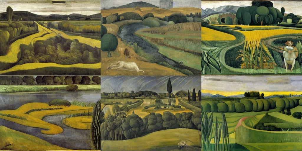 a mustard river meanders through a lush green field, cute, art by Tommaso Masaccio, Variated Greenery, art by Francisco De Goya, art by Andrea Mantegna, art by Sandro Botticelli, art by Pablo Picasso, extreme quality, ISO6400, spitting acid, art by Magdalena Carmen Frida Kahlo Claderón, and Shinkai Makoto, art by Gerhard Richter, close up