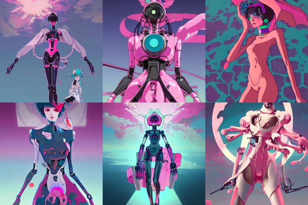 evangelion marie - antoinette death robot destroying tokyo, teal mist, disturbing, decorative design, promotional artwork, rich composition, wearing a bikini, pink color scheme design, art by WLOP and ilya kuvshinov and greg rutkowski and alphonse mucha and artgerm, grand!, calm vivid colors