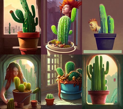 a cactus in a pot on a windowsill, greedy, battle, extra ketchup and pickles and onions. by greg rutkowski, braided beard redhead dreadlocks, well maintained, fantasy digital artwork by artgerm and ross tran