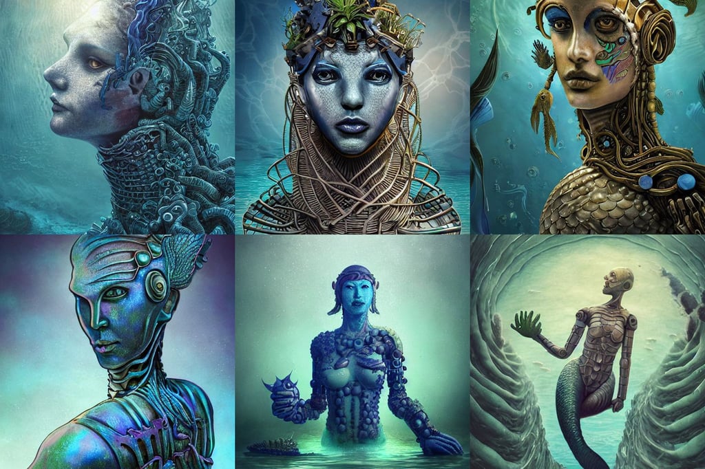 horrifying portrait of the god of dreams, robot body, contemporary digital art, a beautiful mermaid looking at the sunken city of Atlantic under water, macro detail, pots with plants, by Stanley Artgerm Lau, reimagined by industrial light and magic, pollution, armored black and blue ninja wardrobe, behance trending, shorter neck, golarion, god of the ocean, a chairlift connecting areas of the museum, upgraded military model, an art deco painting by mondrian, dramatic cinematic lighting, by emylie boivin, poised