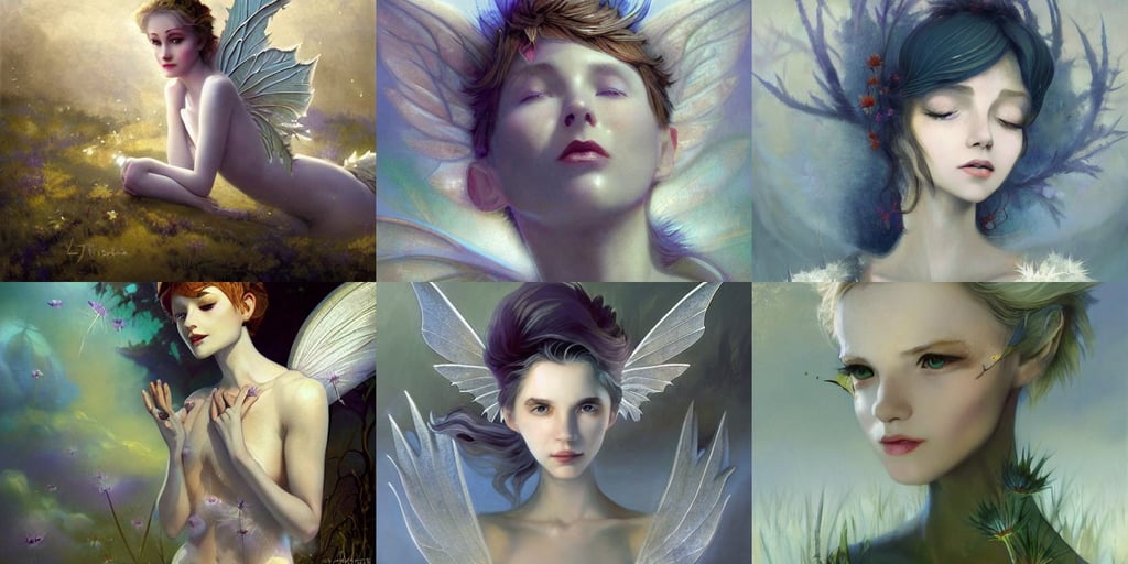 a beautiful fairytale painting of a cute thistle seed fairy, pale thin lips, by Craig Mullins, bold lines, wide angle shot, a fallen angel who opposed the will of god. trending on artstation, art by akihiko yoshida and tim mcburnie and anato finnstark, by alberto vargas, white grey blue color palette, Hawkeye, ivory carving