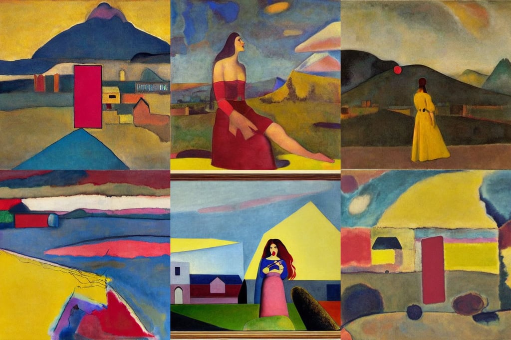 a pretty girl puts on lipstick, houses, art by Mark Rothko, art by Wassily Kandinsky, portrait, art by Nicolas Poussin, Rocky Mountains in the distance, yellow, extreme quality