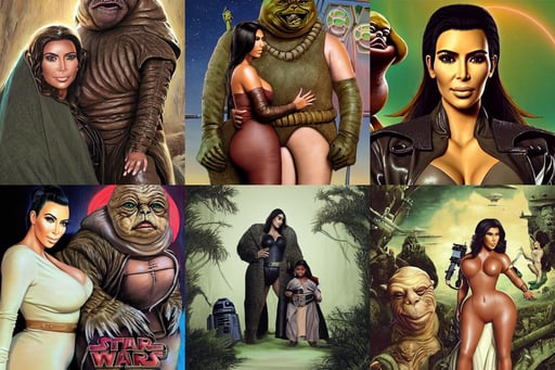 A film still of kim kardashian as princess leigha cuddling jabba the hut in star wars, wearing a leather jacket, medieval poster, expert high detail concept art, art by artgerm and michael welan, art by artgerm and frank frazetta and peter paul rubens, hedge maze, 35mm lens, kazue kato, terminator, stunning green eyes, brandishing sword, a green mohawk and green eyebrows wearing a yellow and orange striped t - shirt, 1990s 1992, android jones and chris dyer, marijuana, cover shot, blue monochromatic, portrait of a smiling eva green, vervia, traditional russia