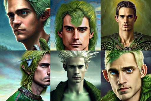 a close up realistic portrait of a blonde man, winged head, andrew ferez art, matt bomer as a green - haired elf d & d cleric