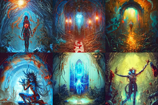 blue and orange portal, art style by Greg Rutkowski and Mohrbacher, covered in blood, extremely hyperdetailed, wholesome, weta, exploding, latex skin, greenery, very very surreal, in leotard and gold, Magick symbols, very long snow colored hair, dissolution - filter, neon signs, gaslamps, dynamic cinematic composition, 1949632155, painted with thin colored pencils on white, golden - blonde hair