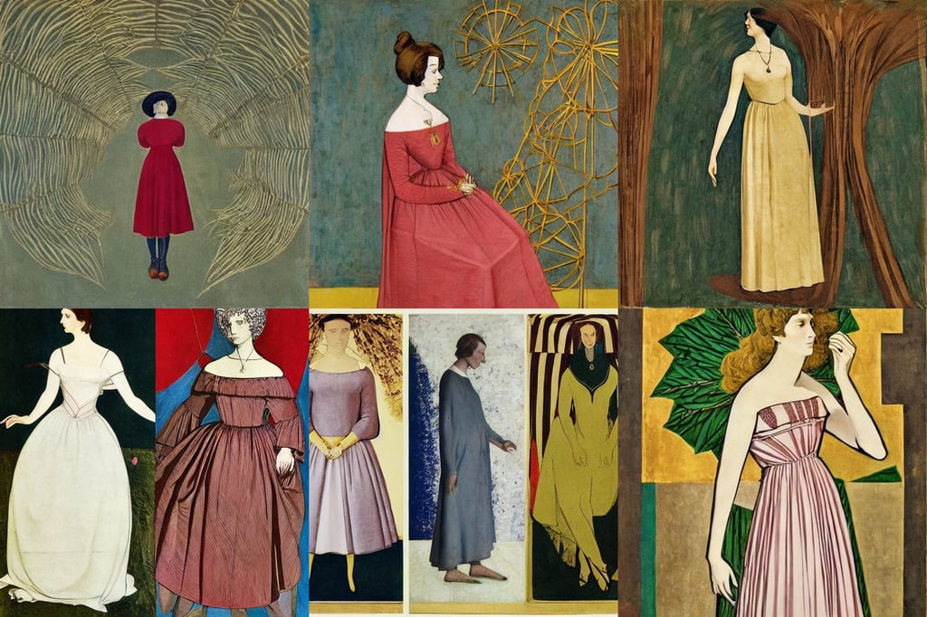 Regency heroine wearing dress made of leaves, art by Giotto Di Bondone, art by Marcel Duchamp, art by Hilma Af Klint, art by Andy Warhol