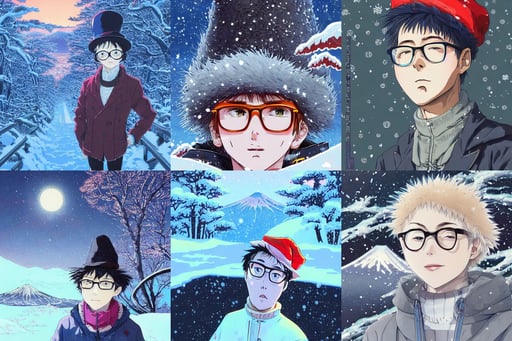 kyoto animation, blue waffle cone, eyes open, silver small rimless glasses, he is about 2 0 years old, at snowy fuji mountain fallen night, of the cat in the hat, black gold, art by Laurie Greasley, art by artgerm and greg rutkowski and fuji choko and viktoria gavrilenko and hoang lap