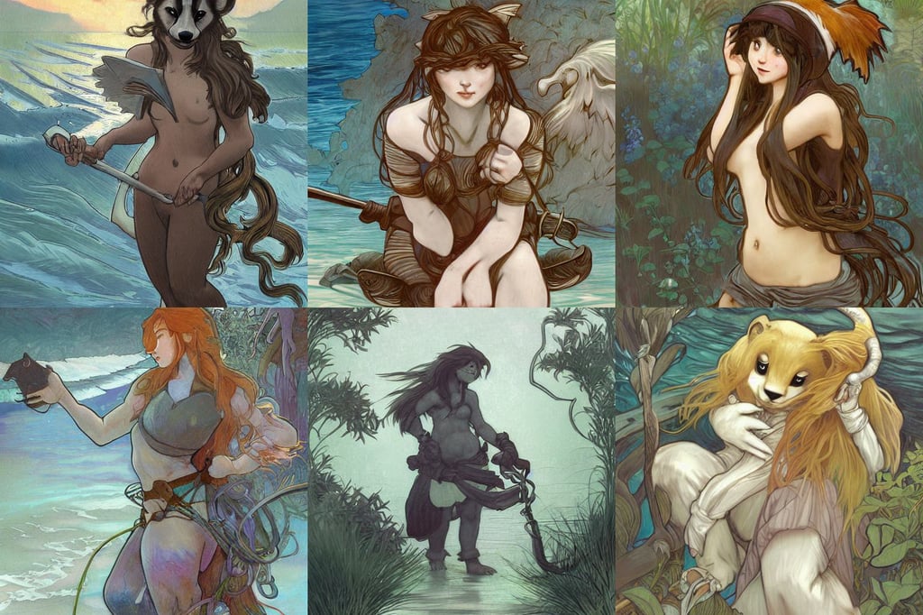 Cute female anthropomorphic kemono badger blacksmith by TwoKinds., High detail + Sony Alpha α7, on the Aegean shore. Breaking waves. Small colorful dragons listening. Drawn in the style of Alphonse Mucha, overgrown forest, art by Gerhard Richter, art by Jenny Saville, art by Jenny Saville, bleu