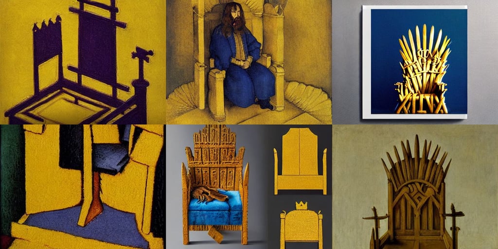 The throne from "Game of Thrones", pastell yellow tones, atmospheric, cute, art by Albrecht Dürer, art by Kazimir Malevich, Ultra HD, art by Johannes Vermeer, High detail + Sony Alpha α7