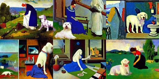 a white dog wtih a vibrant blue dress, art by Wassily Kandinsky, art by Johannes Vermeer, rougish, from another world, grunge, surreal, art by Winslow Homer, Variated Greenery, sitting at a workbench, Establishing shot, art by Caspar David Friedrich, surprised and shocked expression