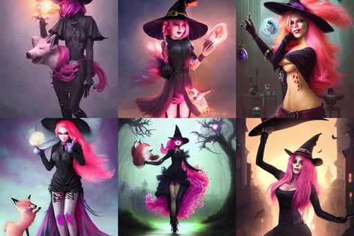 halloween witch woman in a hat, portrait of a robotic fox with pink hair, dark skin, industrialpunk, attacking pig by ross tran, beautiful volumetric lighting, works by Artgerm and Greg Rutkowski, poster art by Anne Stokes, urban scene