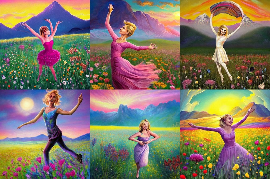 painting of allison mack, dancing through a field of flowers at sunset with mountains in the background, attractive and slender, dandy elegant fop diminutive by anato finnstark, dawn CGsociety, fantasy portal round gate, soft lustrous biotech raver white clowncore galactic cyborg, that bodied in whole to the themes they've thought, by Mary Jane Begin, golden hair, half body, by Russ Mills, al parker, demon horns, moon light, metalic, concept art by feng zhu, full body portrait of a highly coherent detailed character design, ommatidia eyes, rei ayanami, worried face. Beady pink eyes