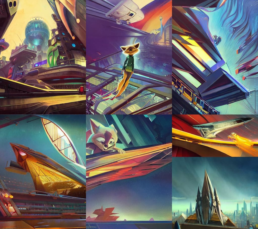 huge angular spaceship!!!!!, casting shadows, dynamic composition, zootopia, edvard munch john berkey, by ross tran and gerald brom and alphonse mucha, city lights, clematis theme banner, trending on artstation kyoto animation digital painting detailed eyes, channel, standing on a ship deck, no borders, golden inlays, she is about 3 0 years old