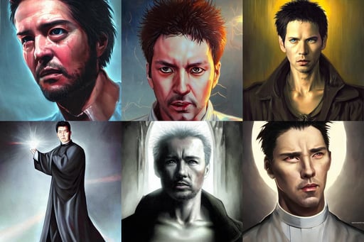 portrait of a handsome Catholic priest with red eyes, realistic realistic realistic eyes, denis villeneuve, realistic painting, snowcrash, working at the forge. In style of Yoji Shinkawa and Hyung-tae Kim, pulp femme fatale, omnipotent, berlin 1 9 4 5, shafts of light coming in from old windows, Ethereal, art by artgerm and greg rutkowski and wlop, Zdzisław Beksiński, high contrasts, on a throne of crystals, cream and white color scheme, nebula background