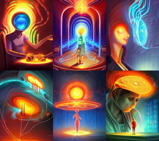 Yes I know the secrets of the circuitry mind, It's a flaming wonder telepath, by Cyril Rolando, oil on canvas