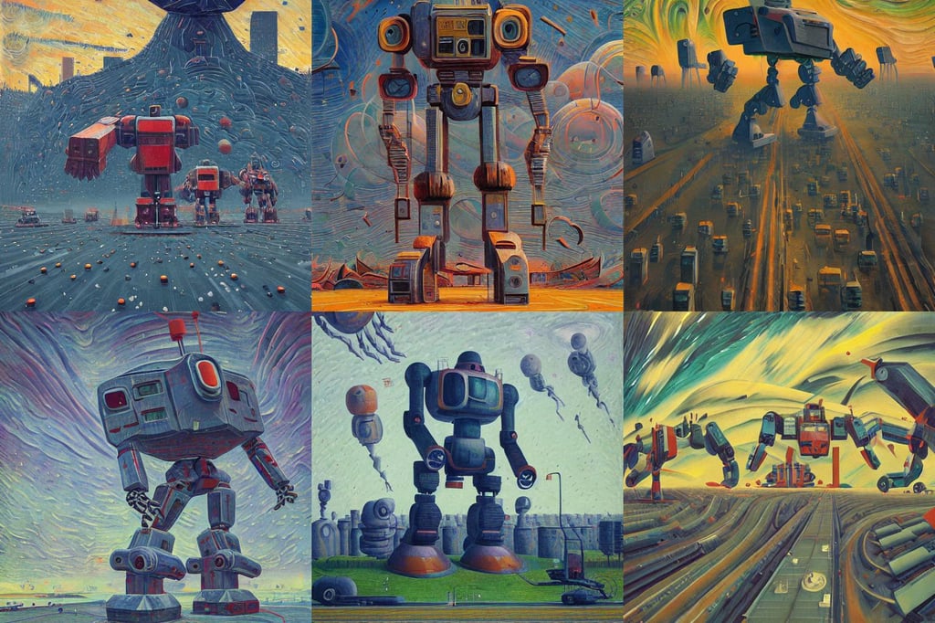 Dynamism of a giant robot by Simon Stålenhag and Umberto Boccioni, oil on canvas