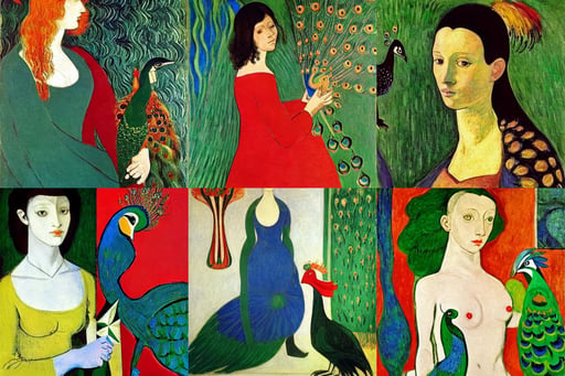 Portrait of a women holding a peacock, photshoot, art by Paolo Uccello, sharp focus, art by Pablo Picasso, art by Claude Monet