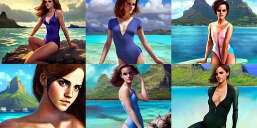 attractive Emma Watson in leotard bunny suit, discovered half-buried in the atoll at Bora Bora, a screenshot by krenz cushart, american comic style by stanley artgerm, silk, long blue hair, natural lighting. 8 k, fertility, half - finished robot, modern cityscape, cmyk, iceberg backround, color by frazetta, monster hunter video game wallpaper, at train station near train, thomas kincade, close up of a banana, fractal swirls. a fantasy bakery background by studio ghibli, wearing a skeleton armor, stone grotto in the center