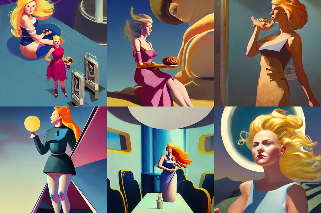 portrait of a cosmic goddess, a woman ridding a huge bull, futuristic hairstyle, a watch, concept artwork, edward hopper and james gilleard, undeveloped, diner background, quiet young maid nazi secret police with long flowing blonde hair blue eyes