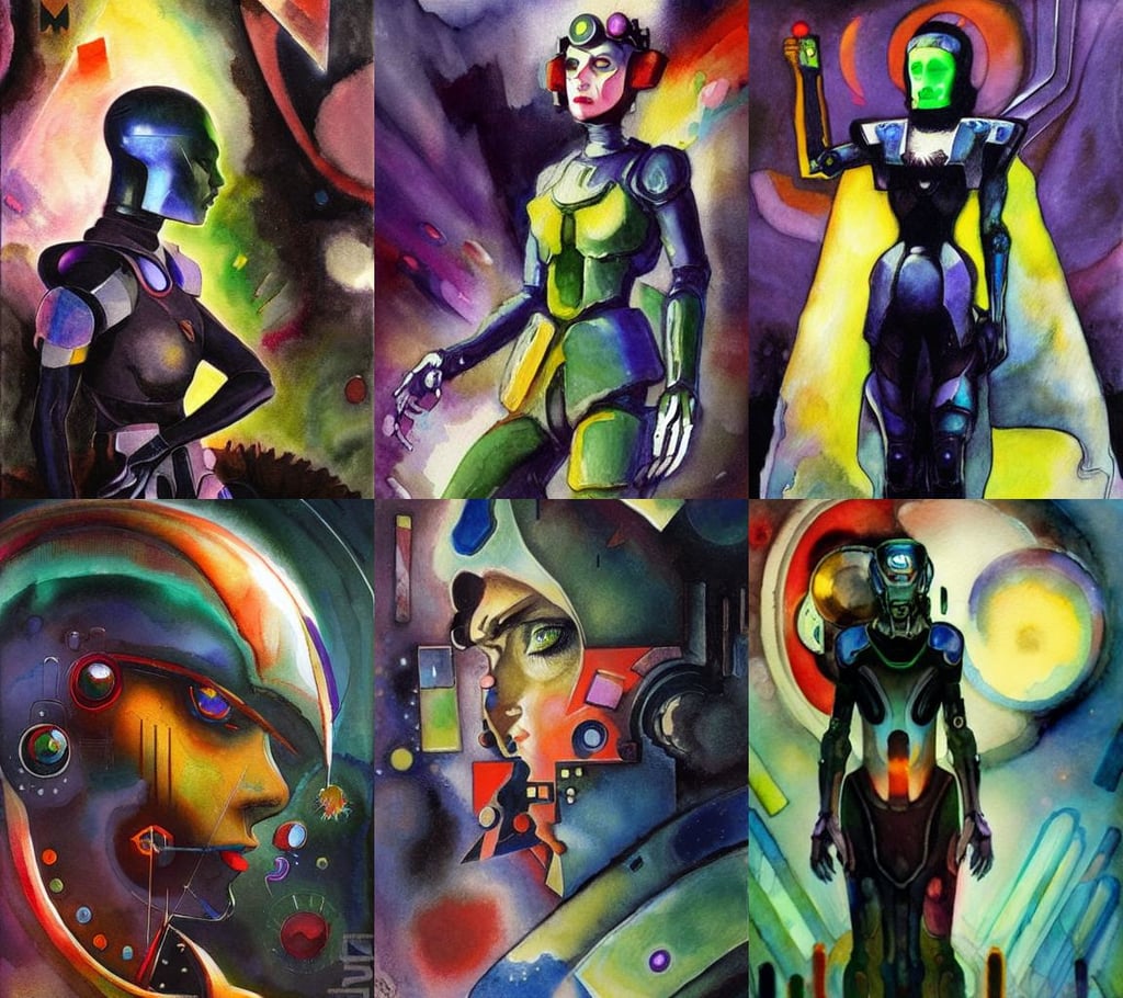 mystical evil scifi cyborg android queen with obsidian eyes, watercolor painting by wassily kandinsky, rafael albuquerque, a detailed painting by yuumei, vfxfriday, and John Everett Millais, by Paul Lehr, character concept design