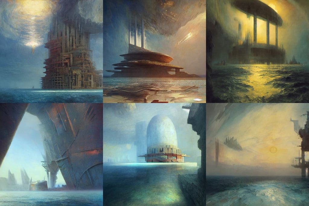 immense architectural structure in the sea, Atelier Firis, Filip Hodas, art by Joseph-mallord William Turner, art by Wassily Kandinsky - Photo, frazetta, high octane render;