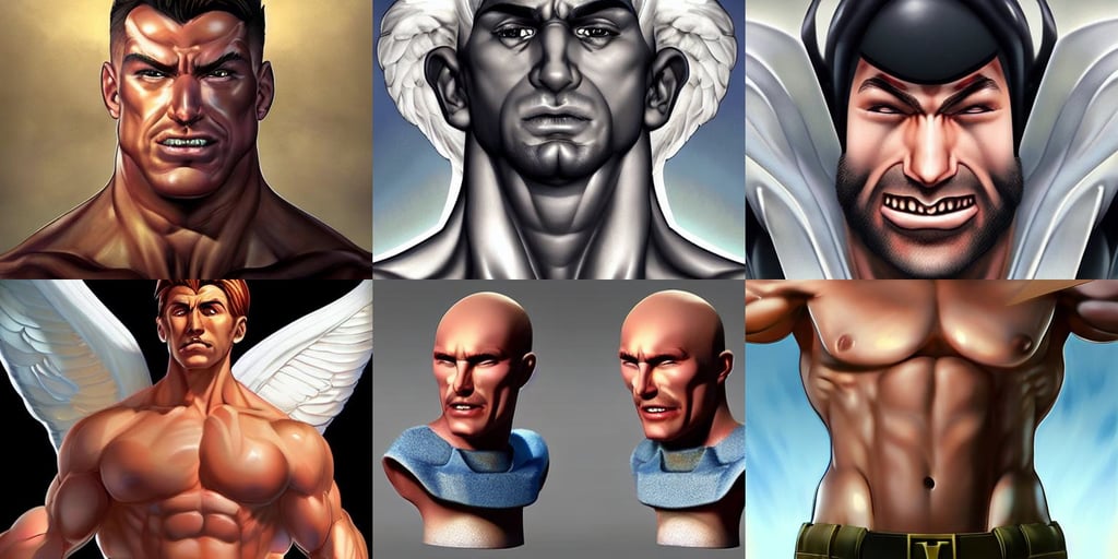 character portrait of a muscular male angel, art by artgerm and richard hamilton and mimmo rottela, large front teeth, gap moe kuudere fascist dictator, mesmerizing hypercubes, smirking face, professionally post - processed