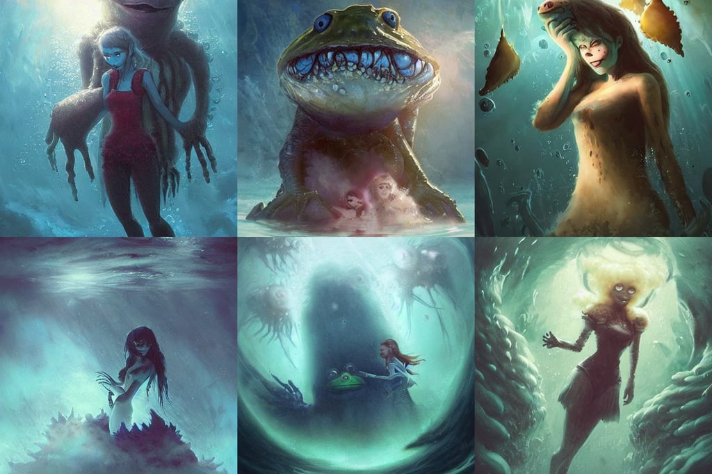 of the deep undersea with large strange scary creatures with big eyes, full body shot including head, a massive frog emerging from a fluffy cloud, sorrow, art by greg rutkowski, frozen ii art masterpiece by art by krenz cushart, one, trending on ArtStation”, {perfect eyes}, beautiful edc dirty clowncore madison beer cyborg woman, liquide in tube, space station, and Sakimi chan, Hood