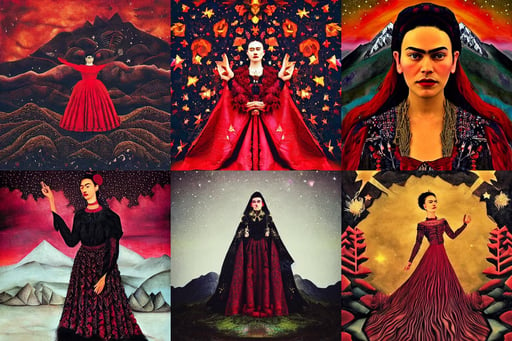 mountains under the sky full of stars, crimson rain, intricate, black, beautiful aesthetic, art by Jan Van Eyck, photograph, roaring, magic, art by Magdalena Carmen Frida Kahlo Claderón