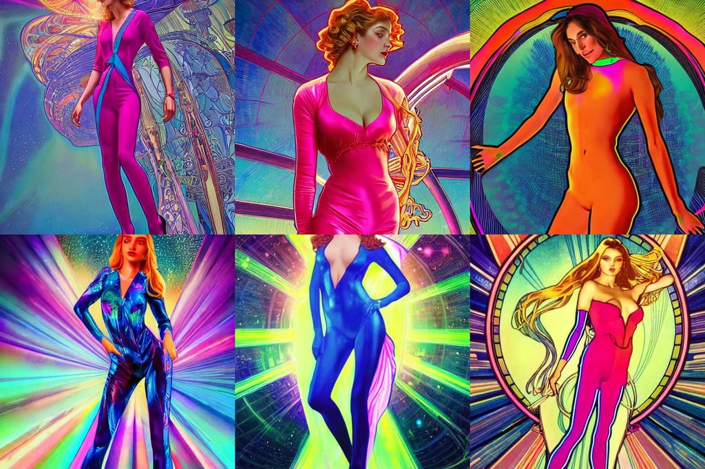 beautiful professional model in a dream neon suit, 8 k stephen bliss, art by greg rutkowsky and alphonse mucha, space background, artgerm and ernst fuchs